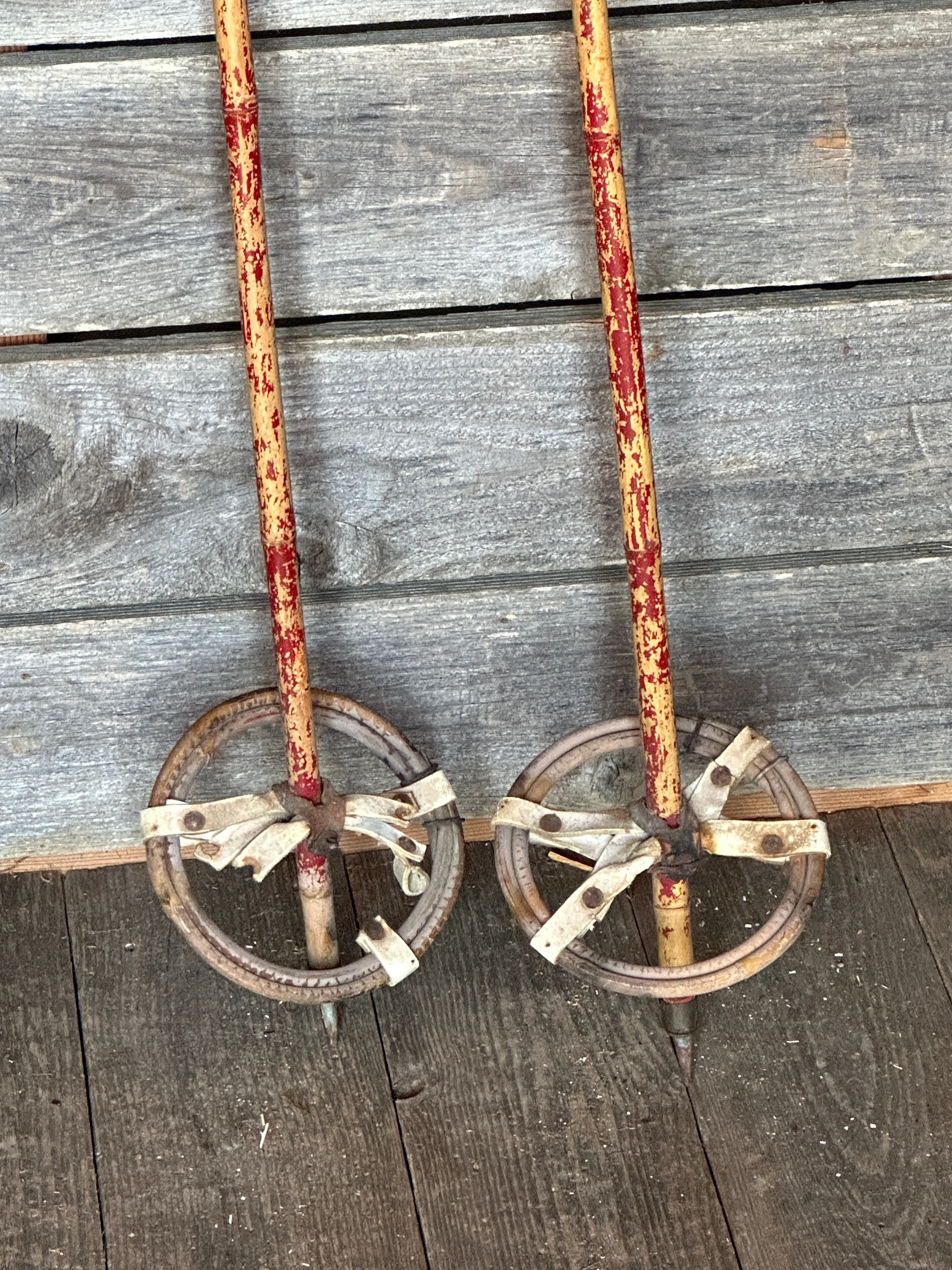 Vintage Bamboo Kids Ski Poles - Red