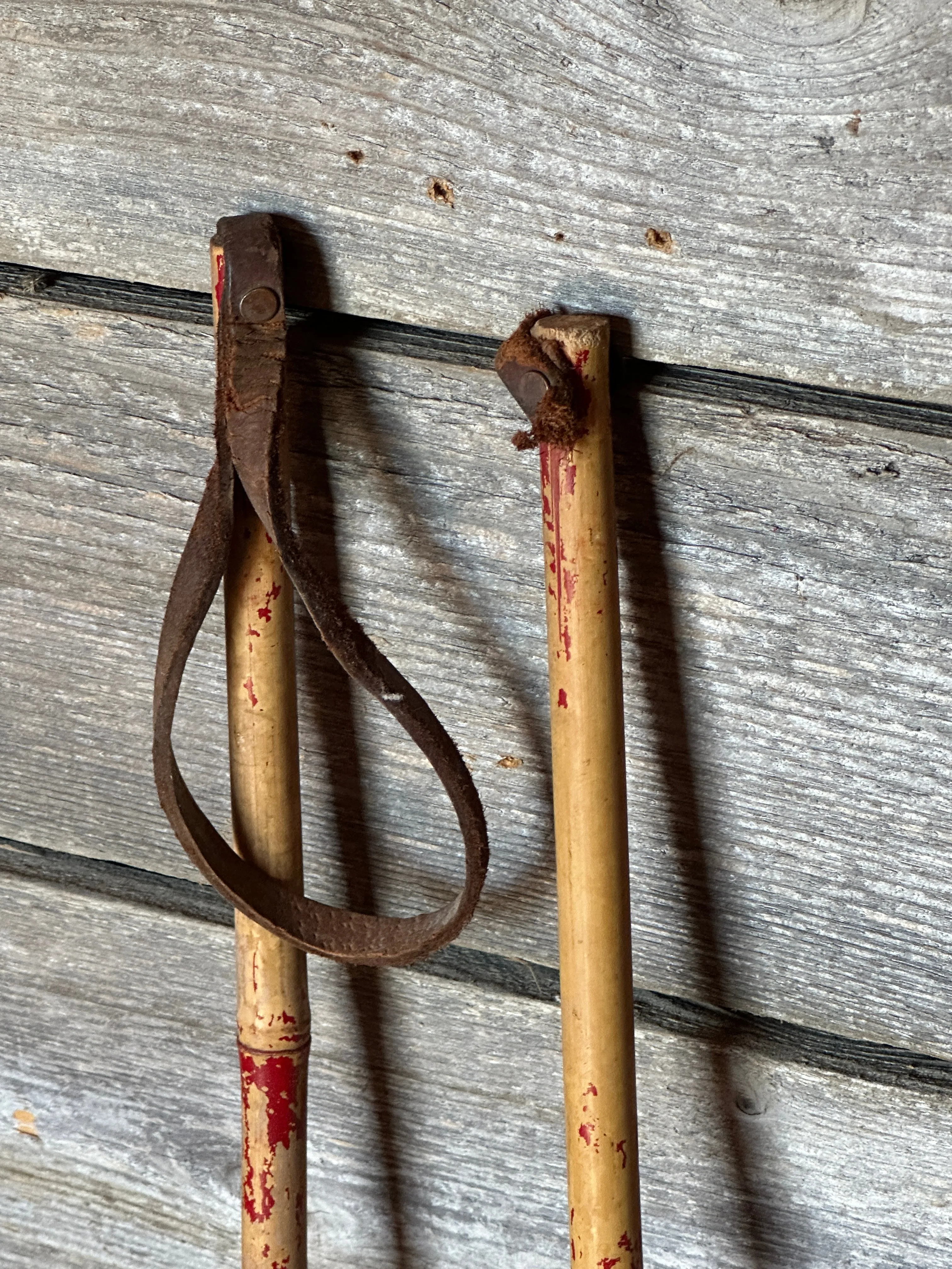 Vintage Bamboo Kids Ski Poles - Red