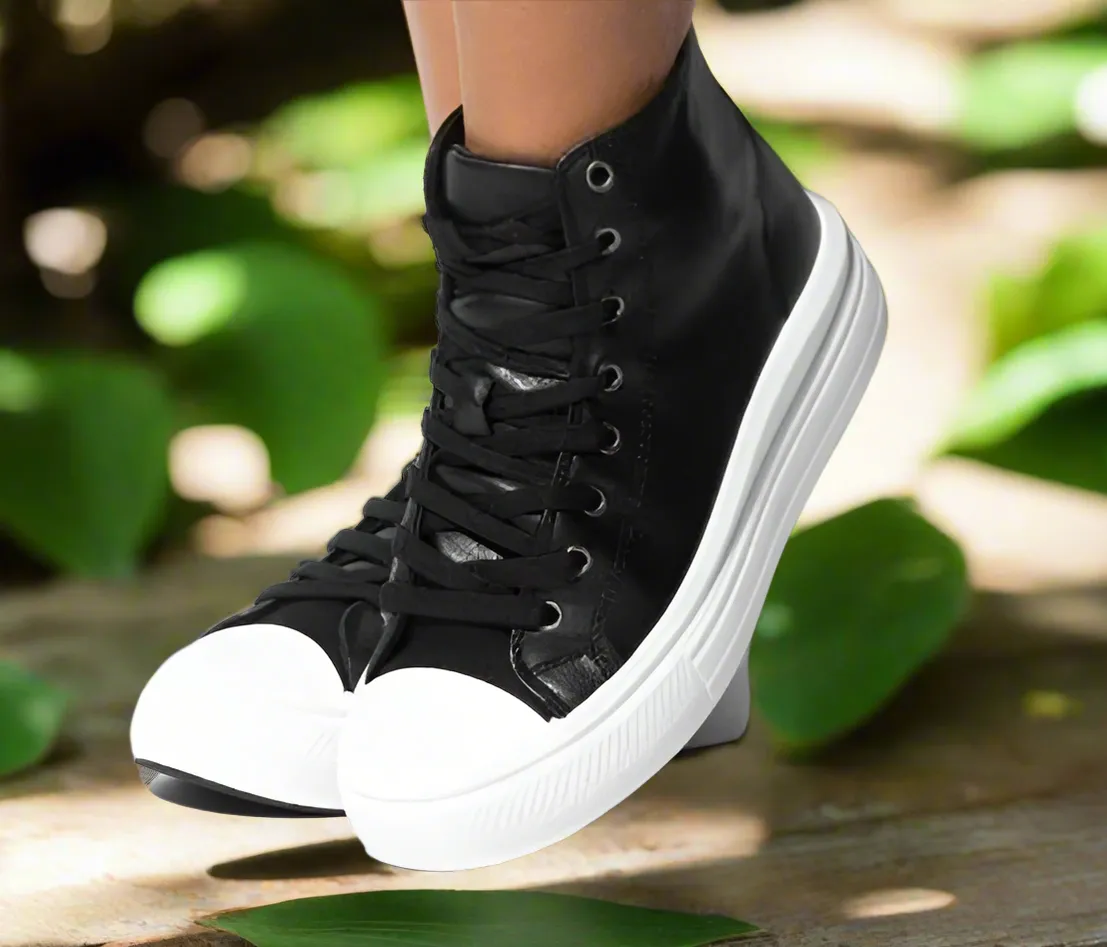 WOMEN "High-Top Black Silk Tennis with Thick White Sole"