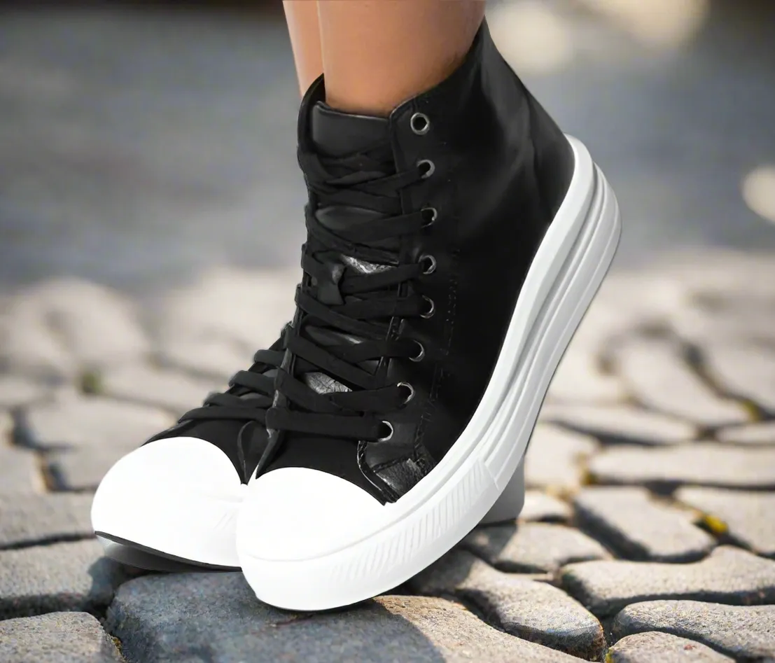 WOMEN "High-Top Black Silk Tennis with Thick White Sole"