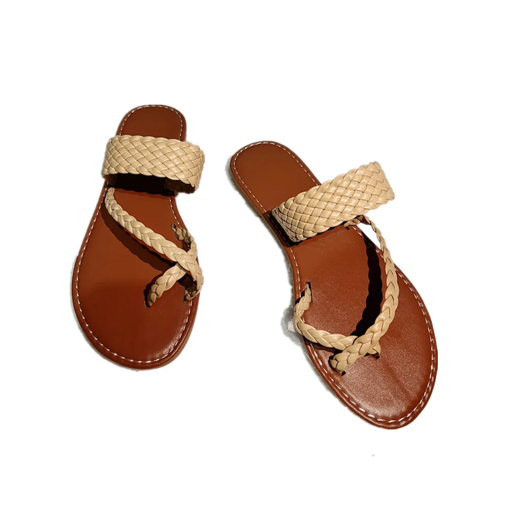 Women's Flat Slide Weave Detail Thong Braided Vamp Beach Slippers