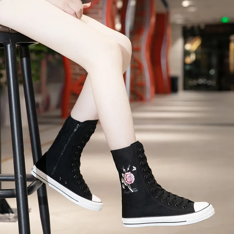 Women's Front Side Zipper Rose Pattern Canvas Shoes