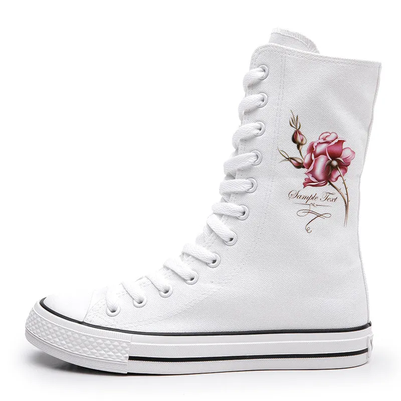 Women's Front Side Zipper Rose Pattern Canvas Shoes