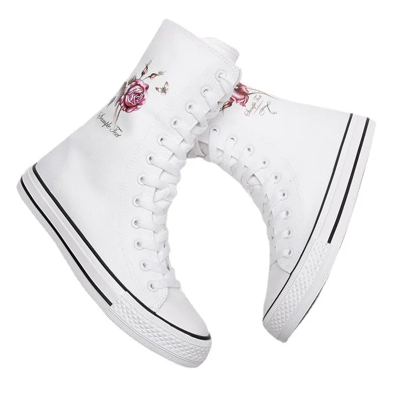 Women's Front Side Zipper Rose Pattern Canvas Shoes