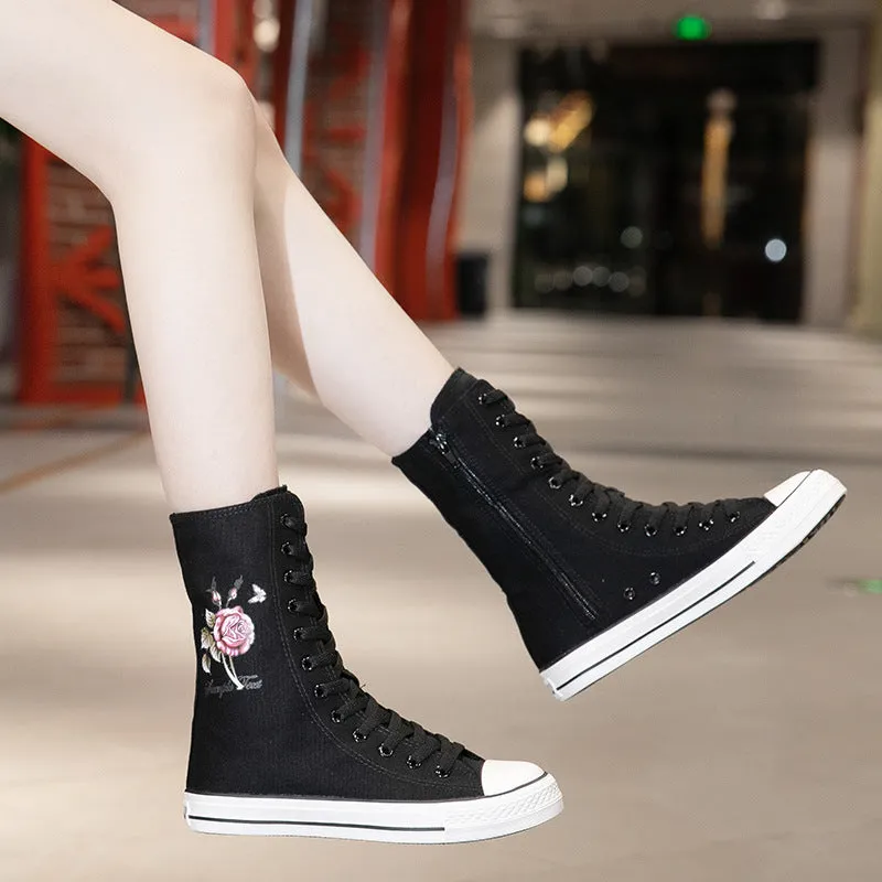 Women's Front Side Zipper Rose Pattern Canvas Shoes