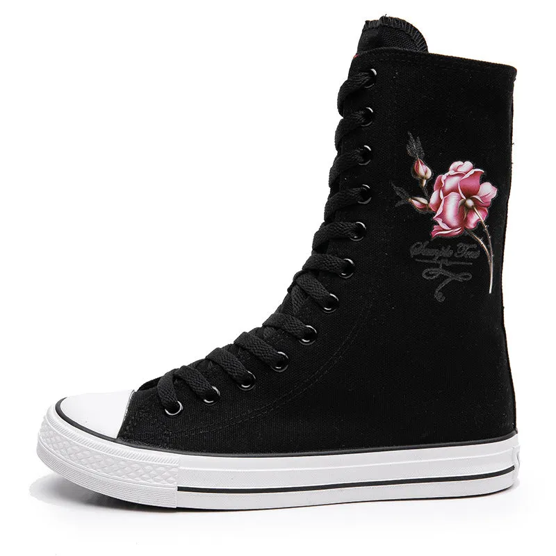 Women's Front Side Zipper Rose Pattern Canvas Shoes