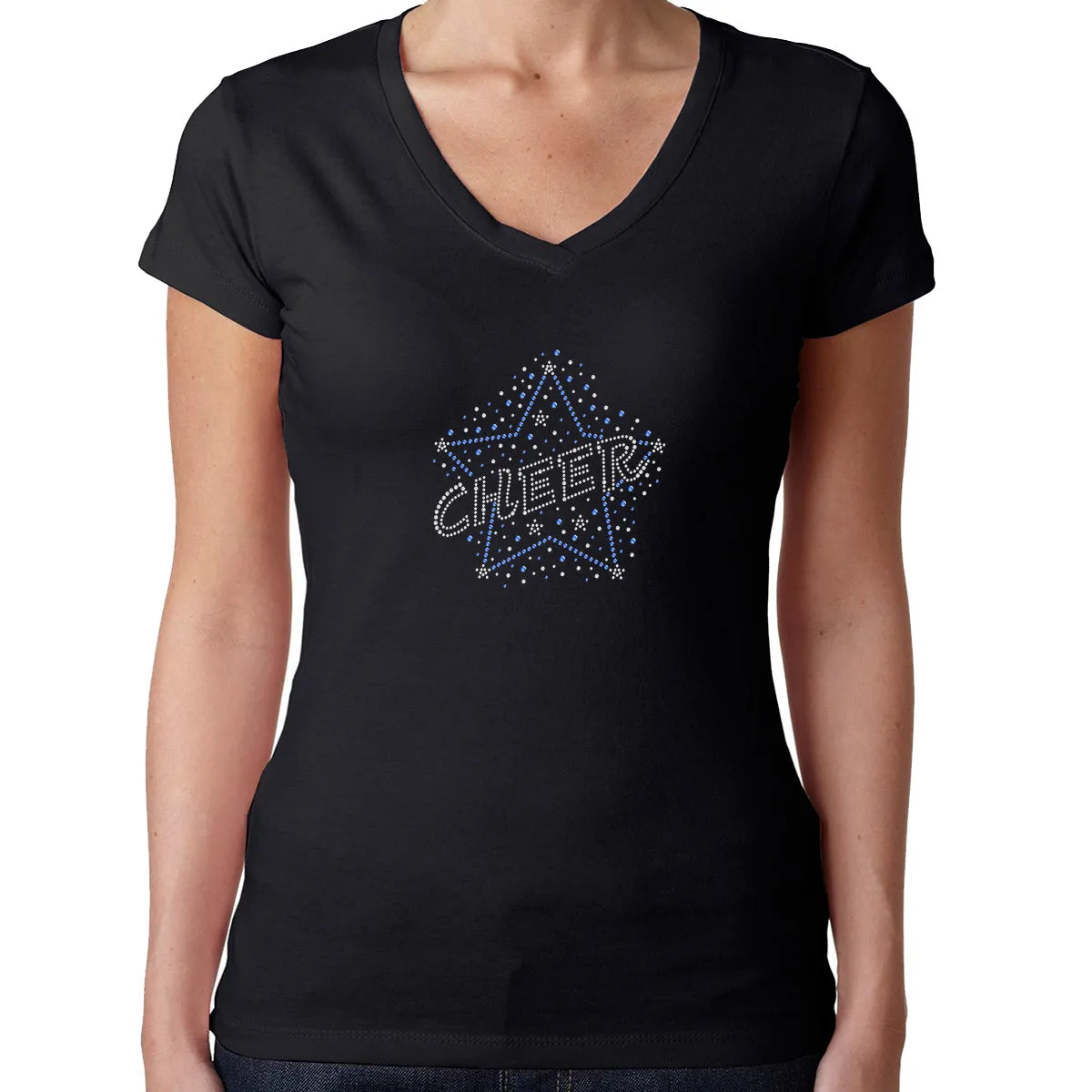 Womens T-Shirt Rhinestone Bling Black Fitted Tee Cheer Star Cheerleading Blue