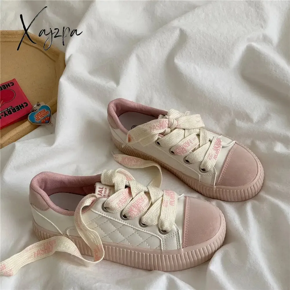 Xajzpa - Brand Designer Sneakers For Women 2023 Spring Casual Leather Woman Sports Shoes Tennis Sneakers Female Flats Lace Up White NEW