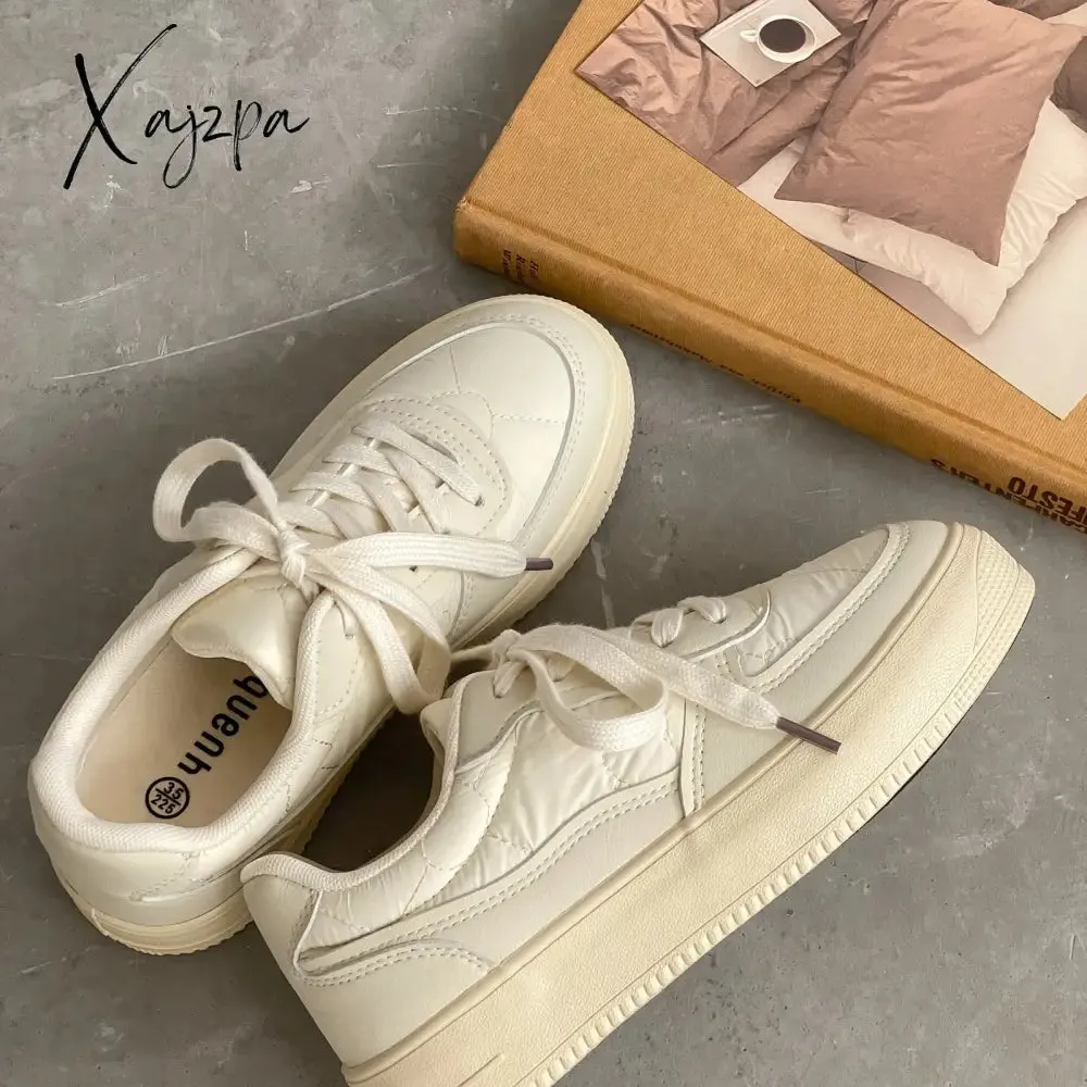 Xajzpa - Brand Leather Women Sneakers White Casual Lace Up Flats Woman Spring Autumn Sports Sneakers Shoes Tennis Female Vulcanized Shoes